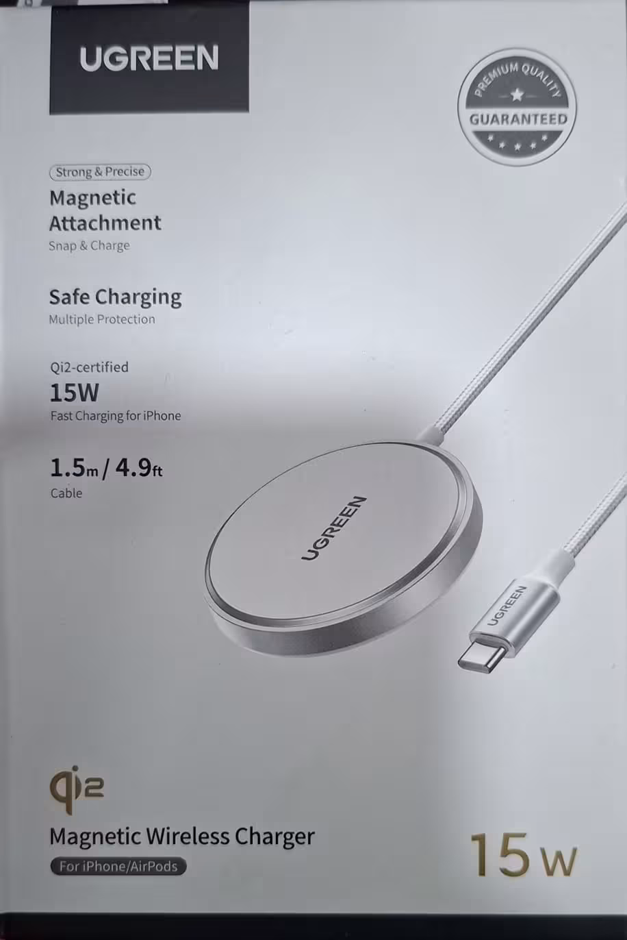 Cargador Inalámbrico Magnético UGREEN Qi2 15W para iPhone y AirPods – Cable USB-C 1.5m