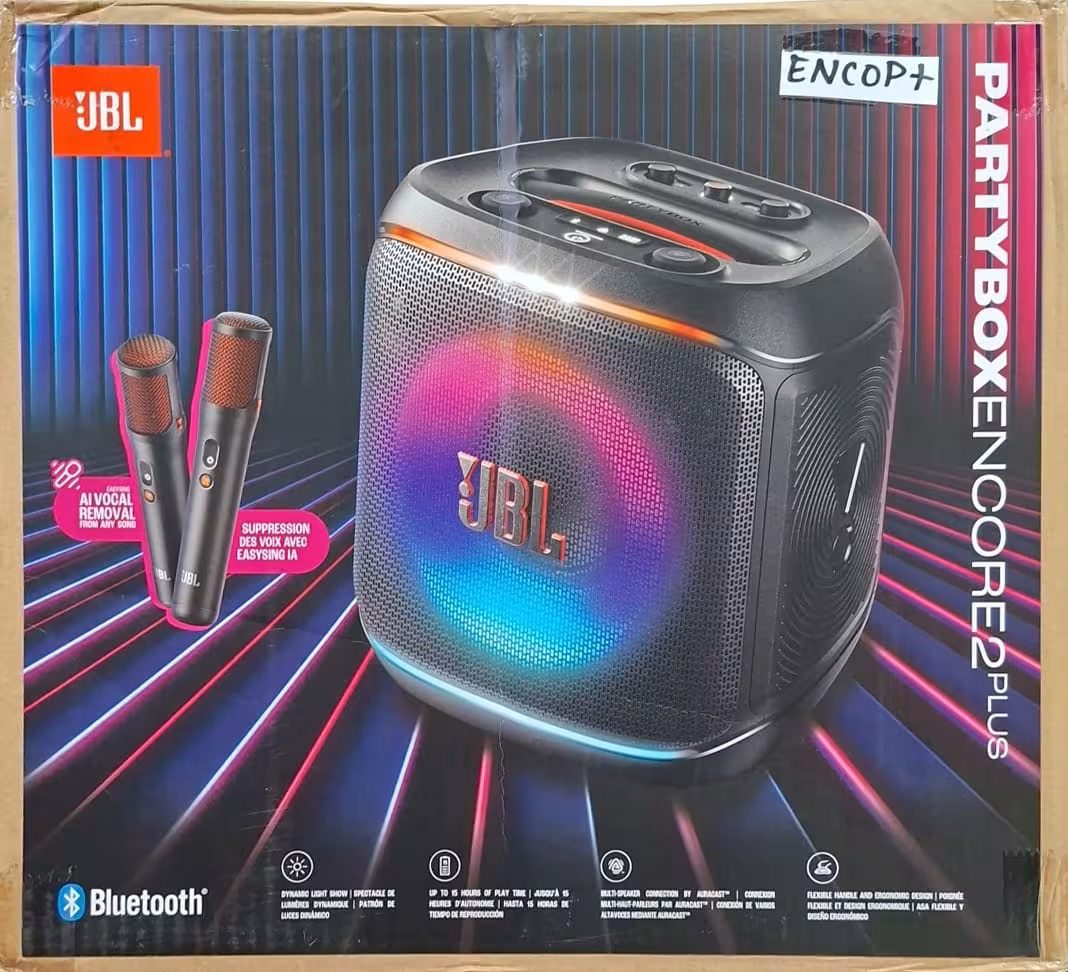 JBL PartyBox Encore 2 Plus Parlante Bluetooth Portátil con Luces RGB y 2 Micrófonos Inalámbricos