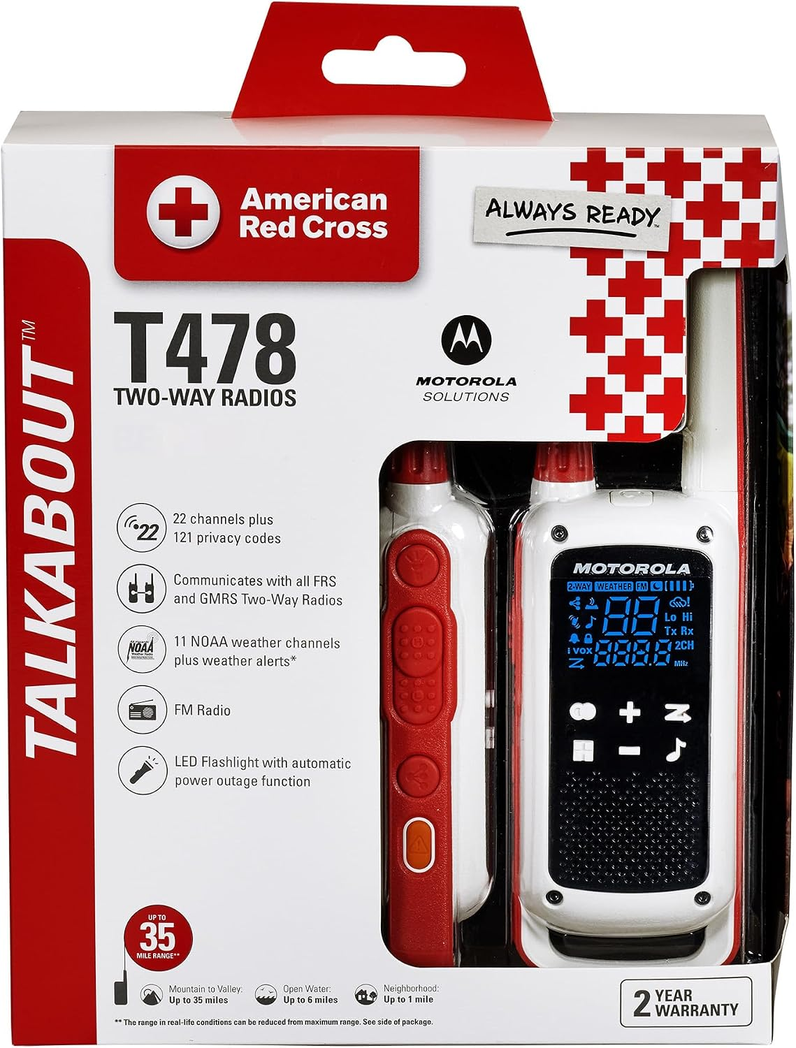 Walkie Talkie Motorola T478 American Red Cross con Radio NOAA, Linterna LED y Alcance de Hasta 56 km