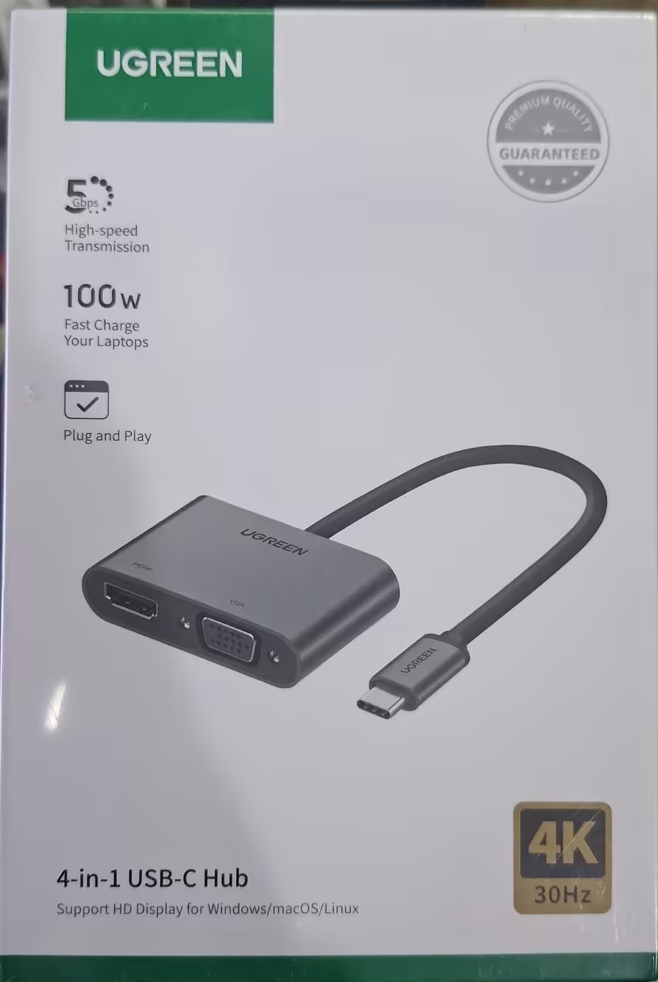 Hub UGREEN USB-C 4 en 1 con HDMI 4K, VGA, USB 3.0 y Carga PD 100W