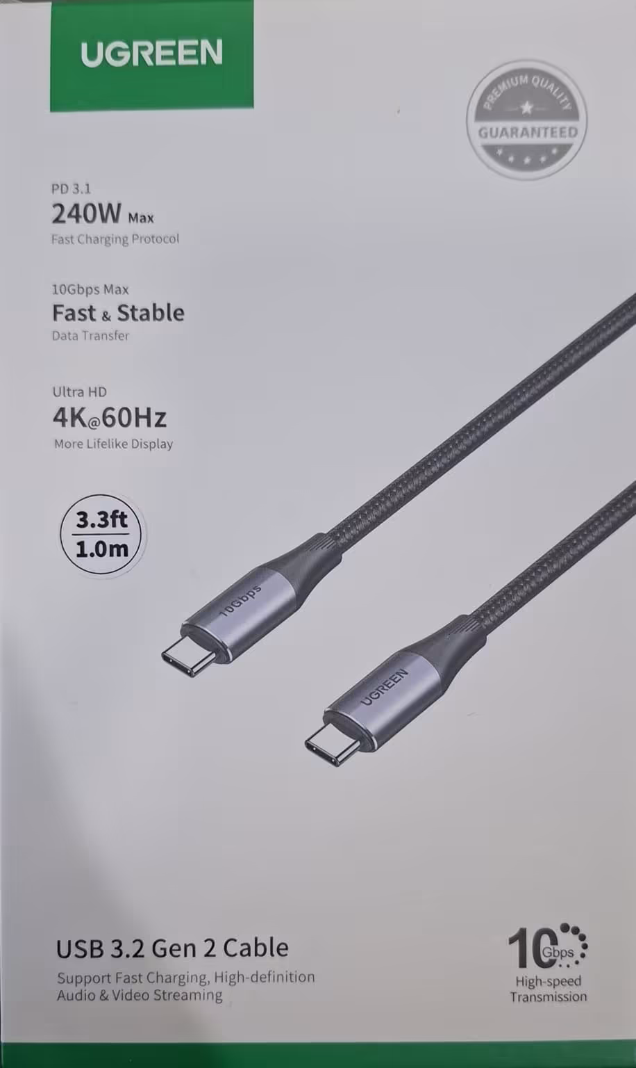 Cable UGREEN USB-C a USB-C USB 3.2 Gen 2 de 1 Metro con Carga 240W y Transferencia de 10 Gbps
