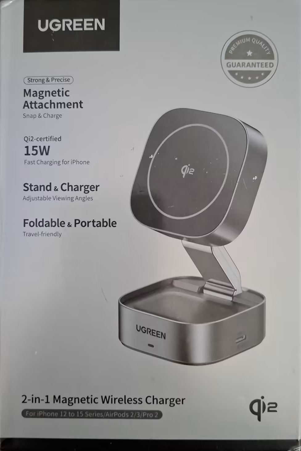 Cargador Inalámbrico Magnético UGREEN W702 Qi2 15W 2 en 1 con Base Plegable para iPhone y AirPods