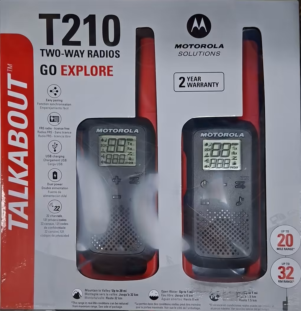 Walkie Talkie Motorola T210 con Alcance de Hasta 32 km, 22 Canales y Carga USB