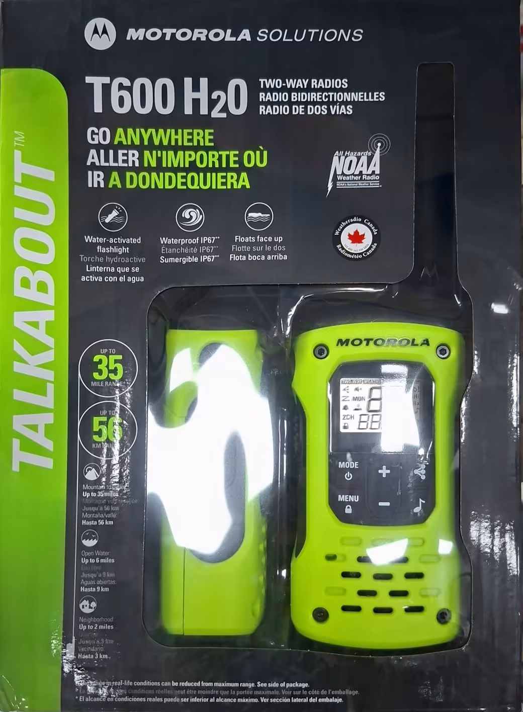 Walkie Talkie Motorola T600 H2O Impermeable IP67 con Alcance de Hasta 56 km y Linterna LED