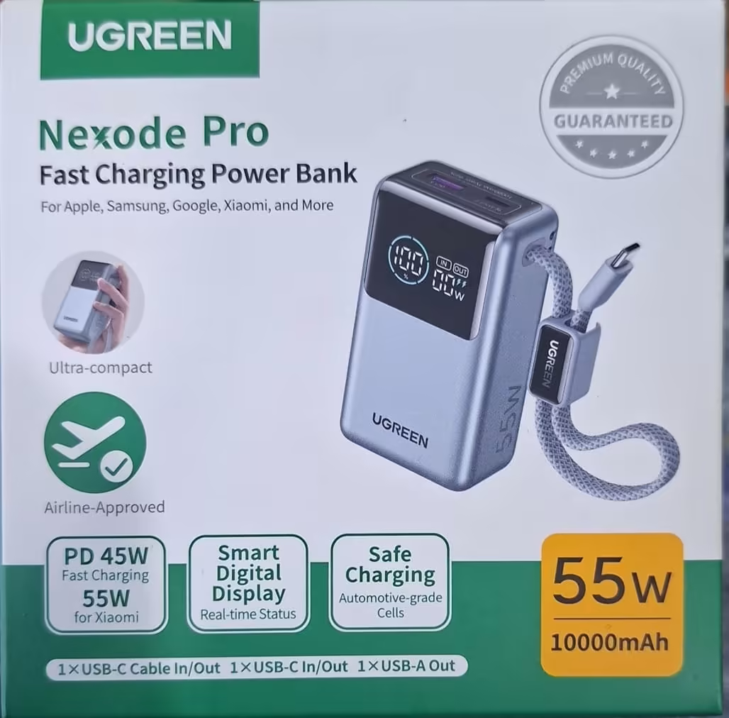 Power Bank UGREEN Nexode Pro 10000 mAh 55W con Cable USB-C Integrado, Pantalla Digital y Carga Rápida