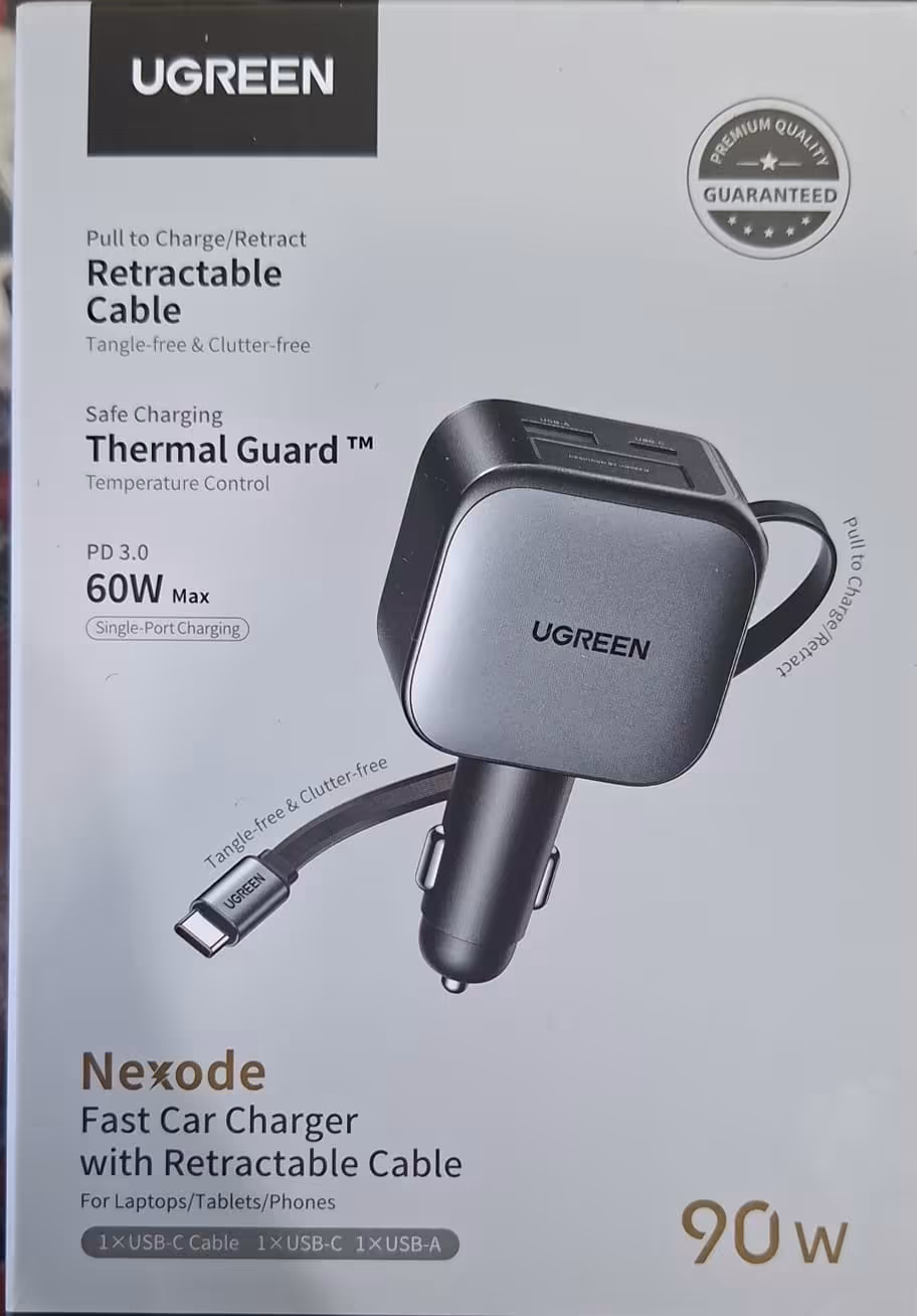 Cargador para Auto UGREEN Nexode 90W con Cable USB-C Retráctil, USB-C, USB-A y Carga Rápida PD